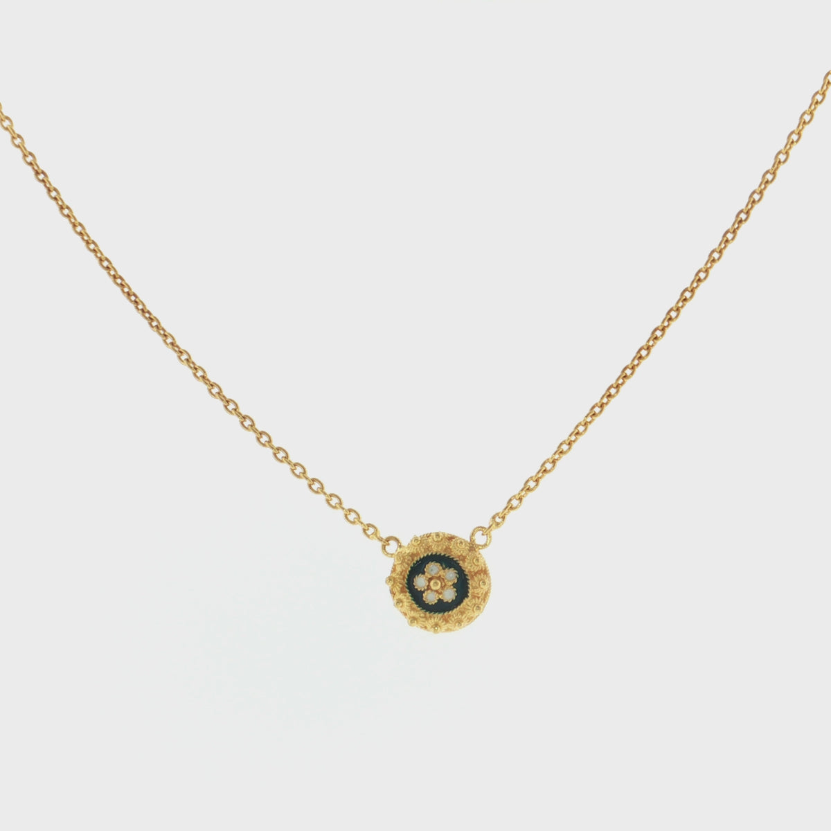 19.2K Portuguese Gold | Small Navy Blue Enamel White Flower Petal Charm 18' Necklace Pendant Set