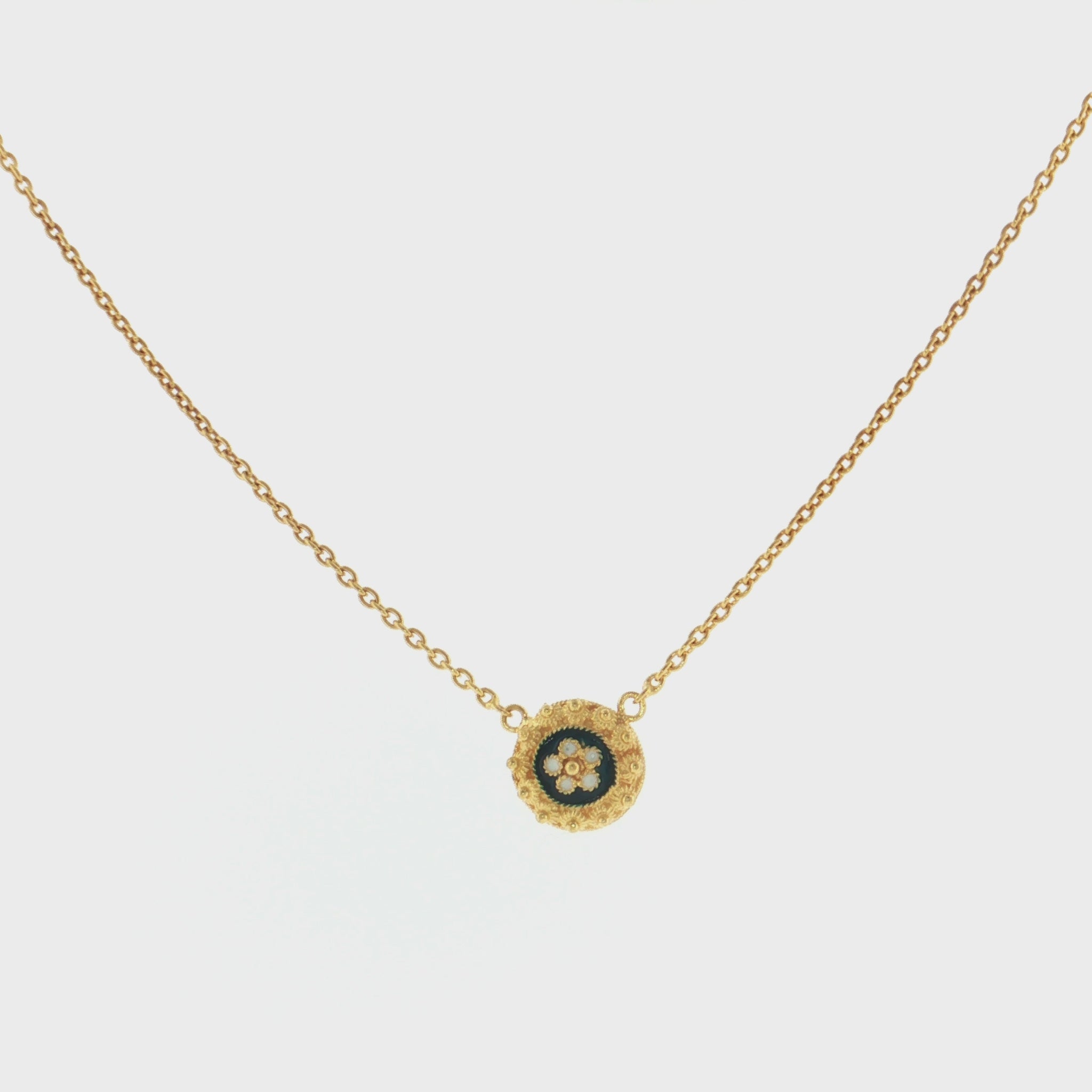 19.2K Portuguese Gold | Small Navy Blue Enamel White Flower Petal Charm 18' Necklace Pendant Set