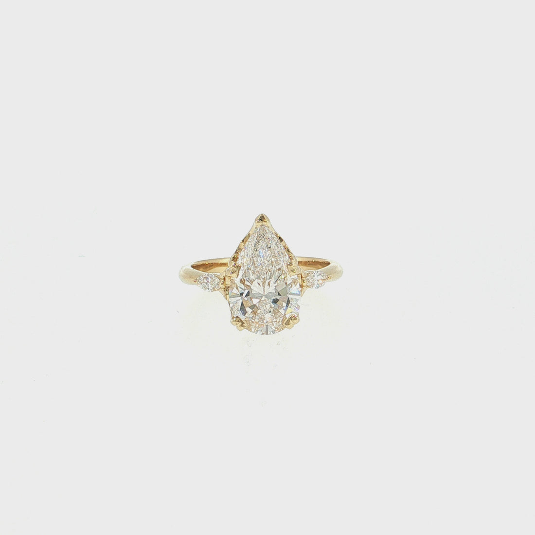 14K Gold | Yellow Gold 3.01CT Lab Pear w/ .13ct Natural Marquise Diamond Accents & .05ct Hidden Halo Engagement Ring