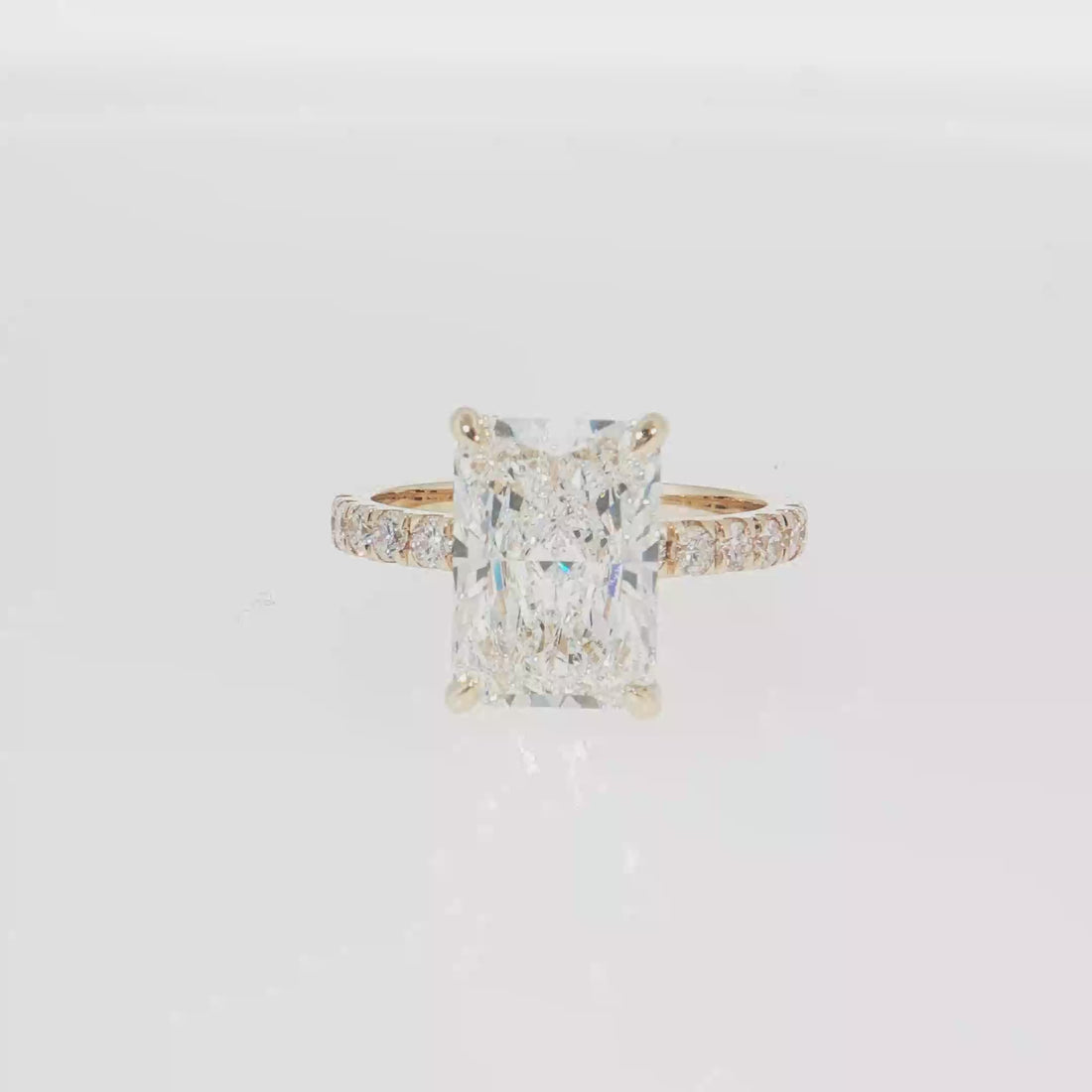 14K Gold | Yellow Gold 4.03 ct Rectangular Brilliant Cut Lab Diamond Hidden Halo and Pavé Band Engagement Ring