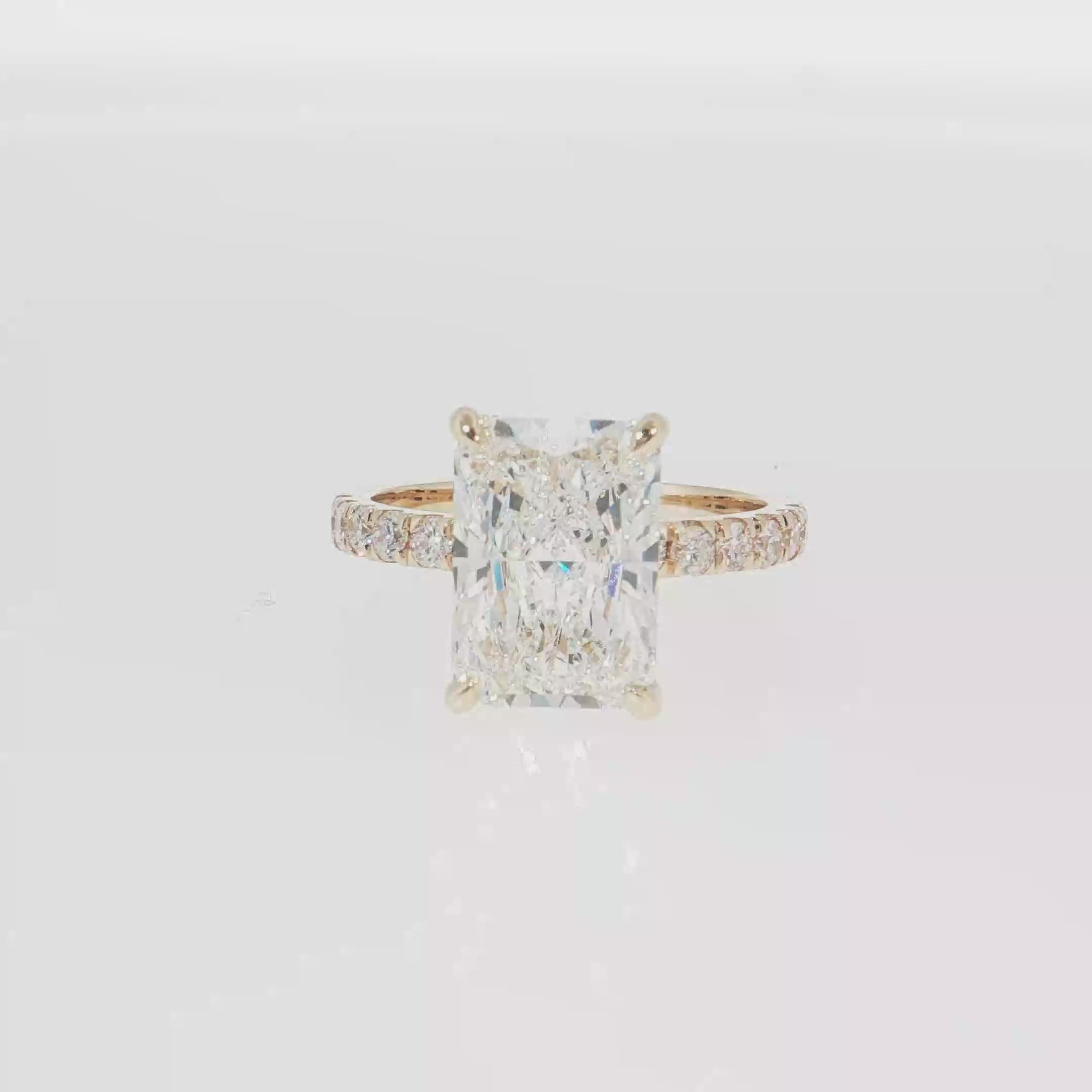 14K Gold | Yellow Gold 4.03 ct Rectangular Brilliant Cut Lab Diamond Hidden Halo and Pavé Band Engagement Ring