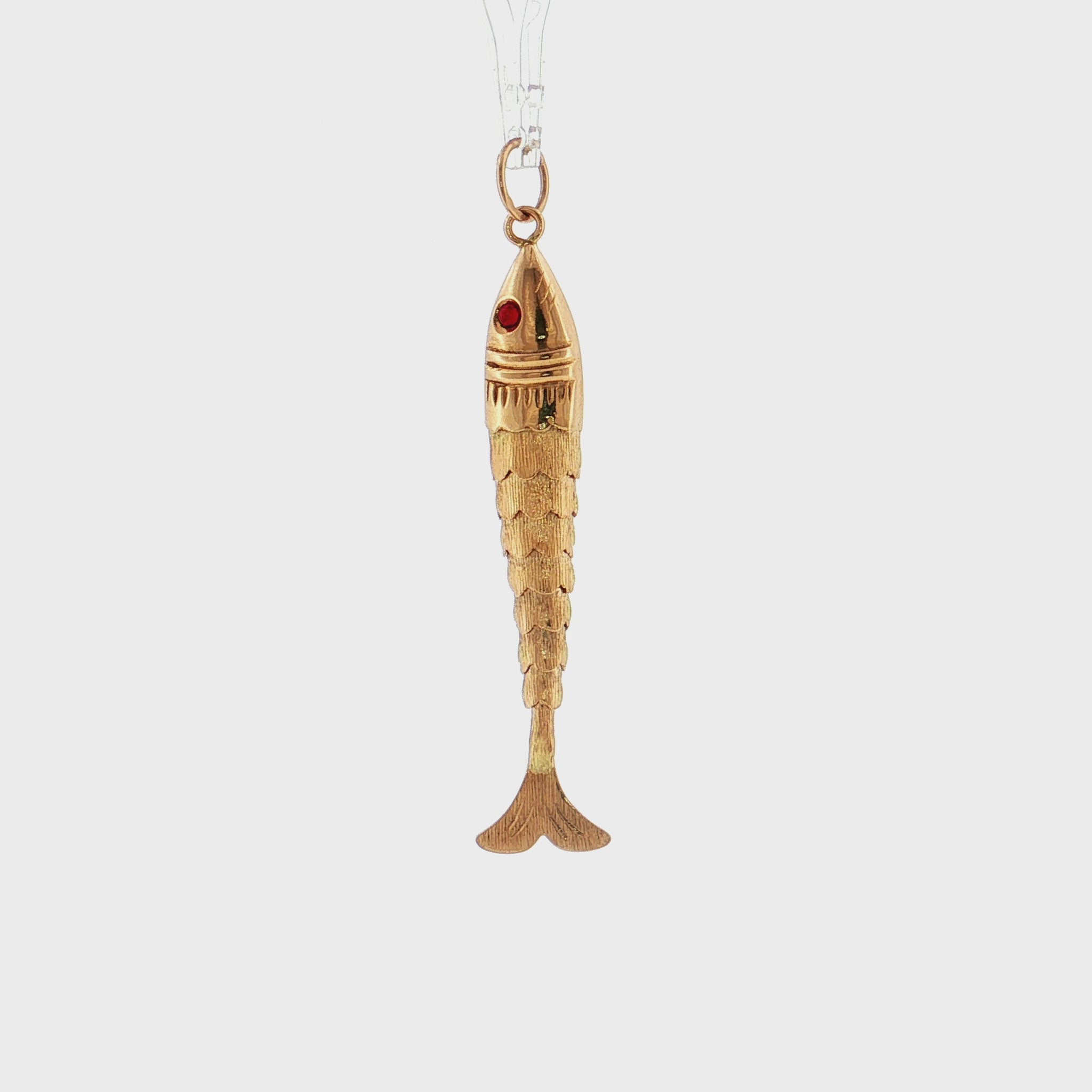 19.2K Portuguese Gold | Flexible Sardine Fish with Red Eyes Charm Pendant LARGE
