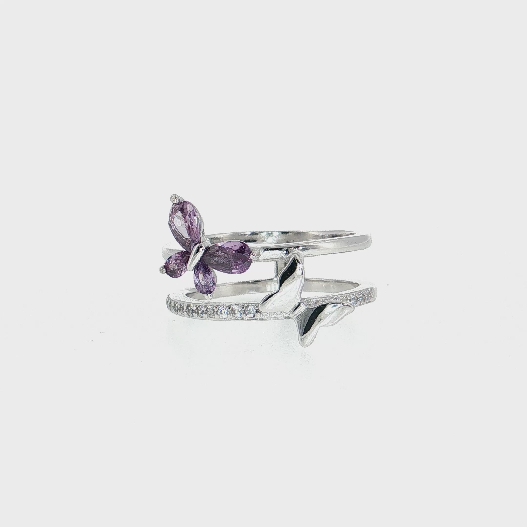Sterling Silver | Purple CZ Butterfly Double Band Ring