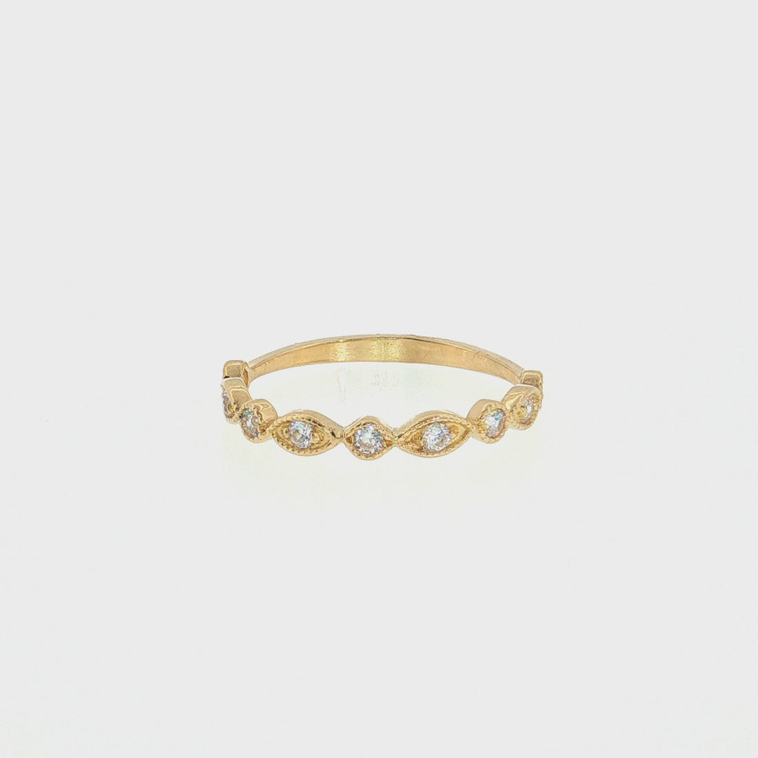 19.2K Portuguese Gold |  Round CZ Wedding Band with Milgrain Leaf-Shaped Accents