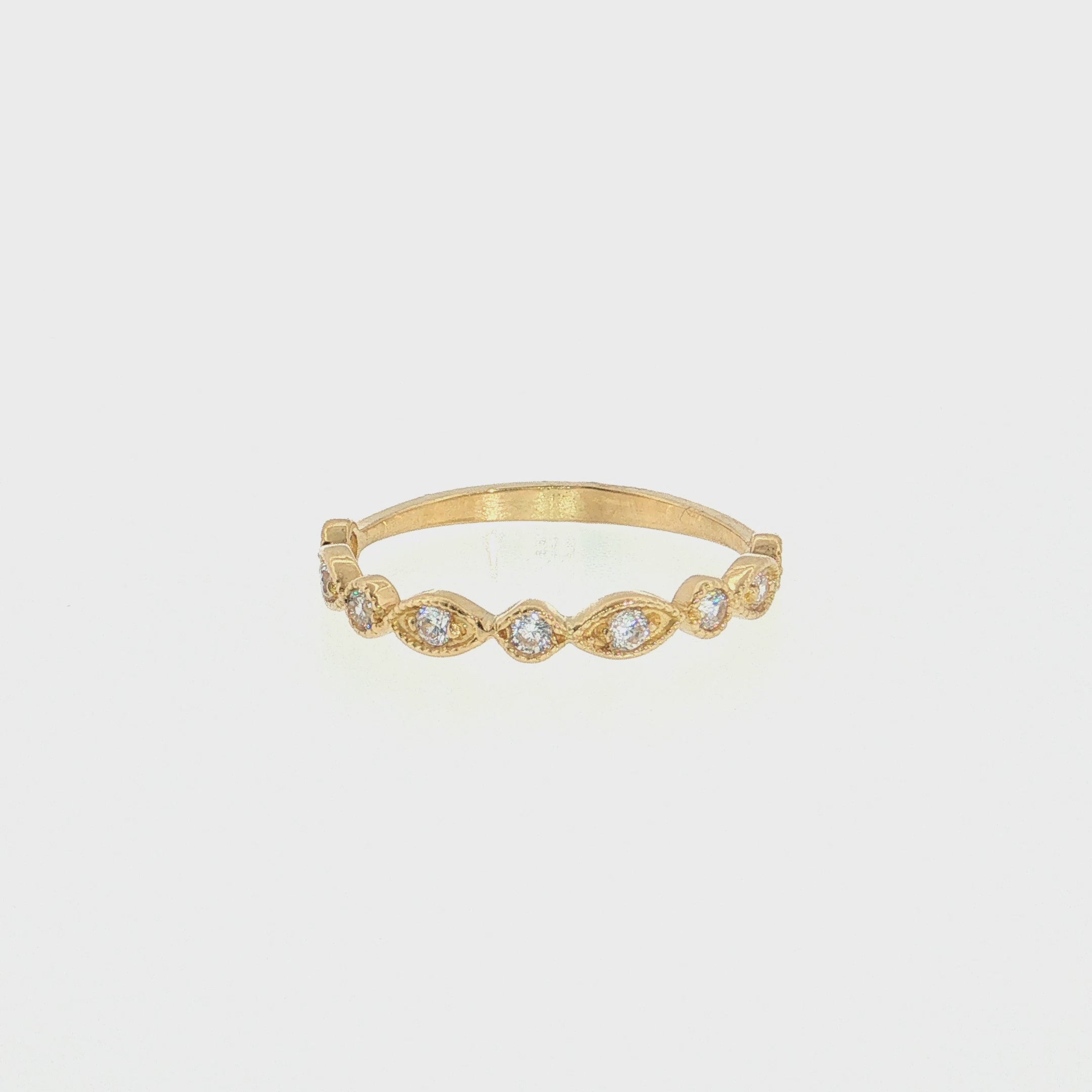 19.2K Portuguese Gold |  Round CZ Wedding Band with Milgrain Leaf-Shaped Accents