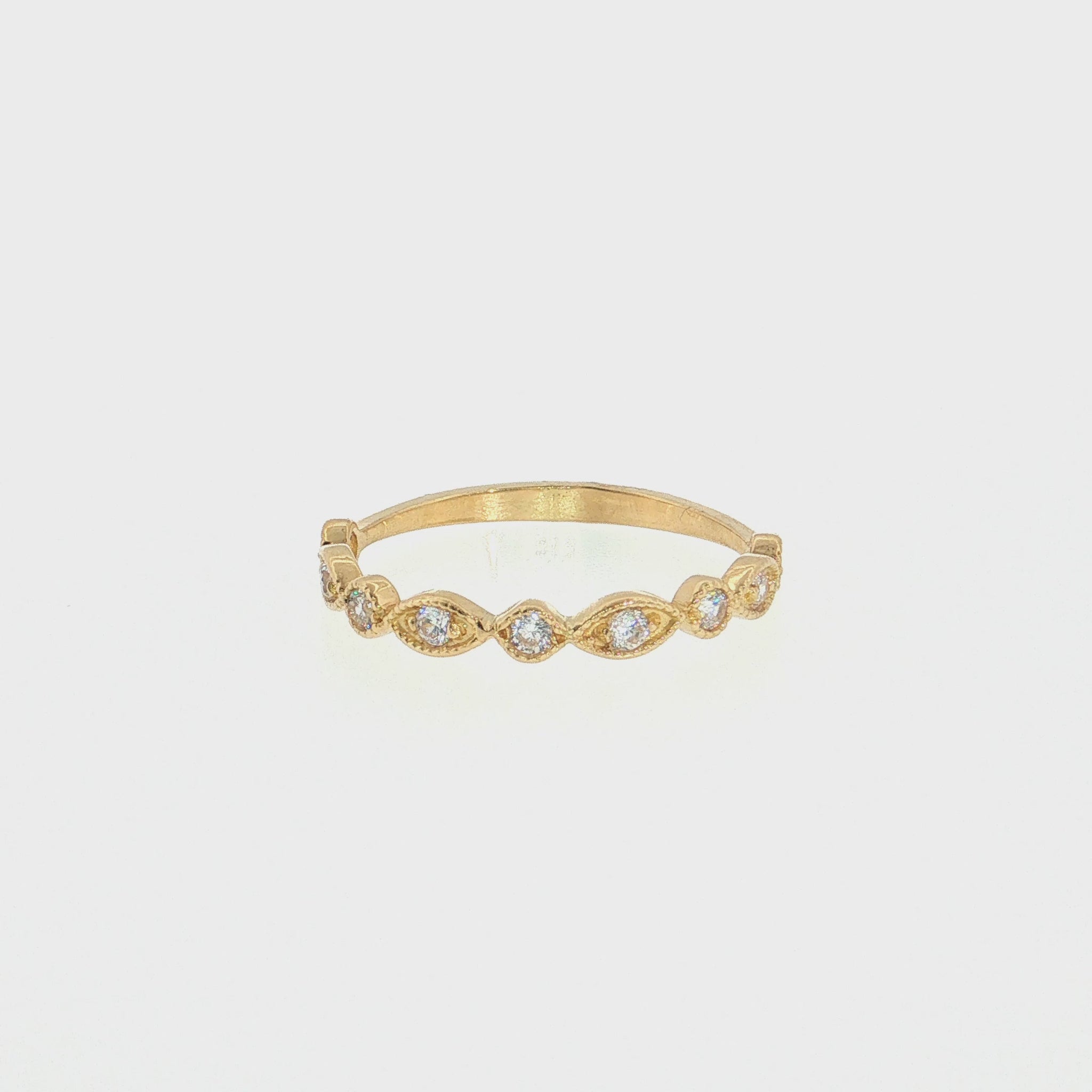 19.2K Portuguese Gold |  Round CZ Wedding Band with Milgrain Leaf-Shaped Accents