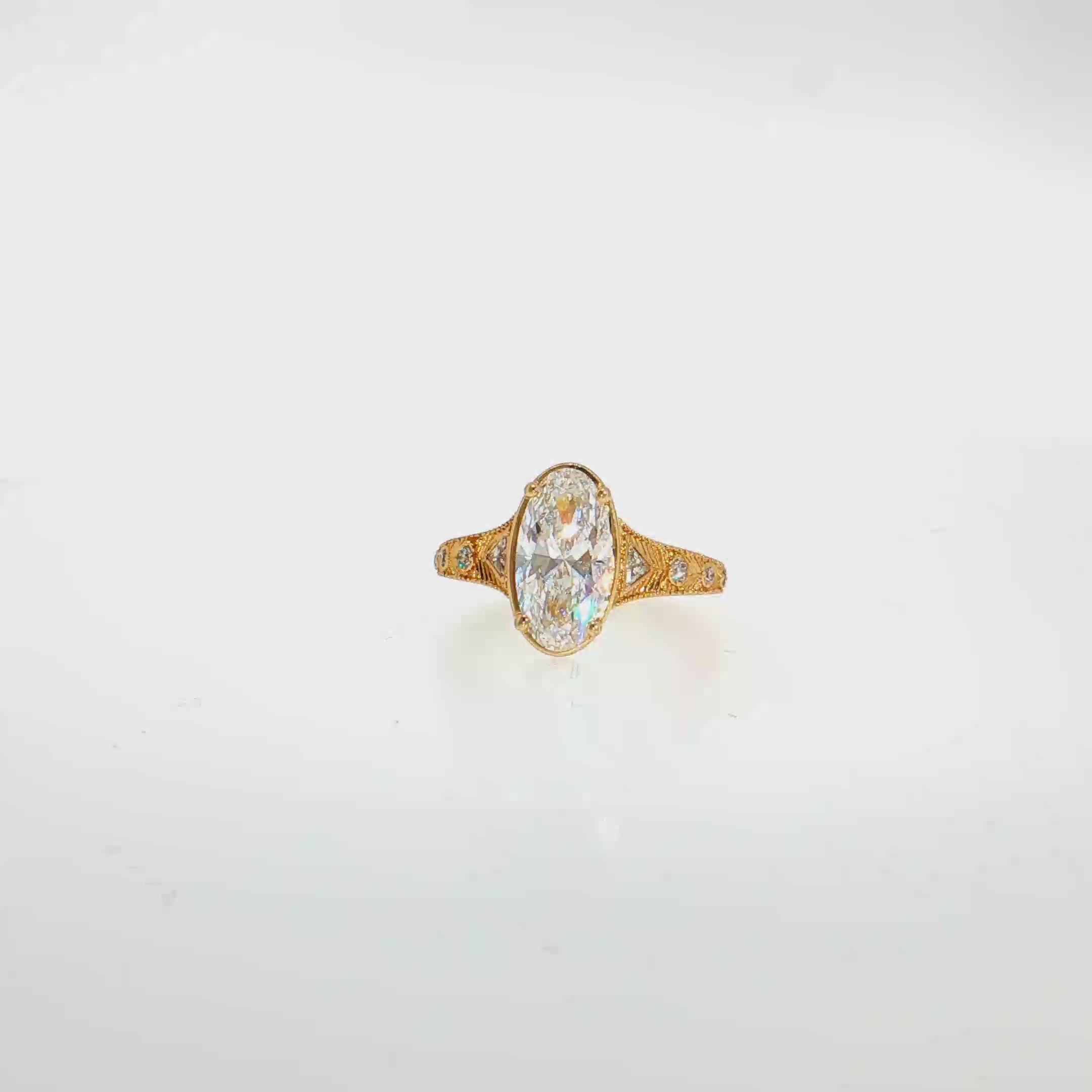 14K Gold | Yellow Gold Moval Engagement Ring Vintage Inspired Filigree, Milgrain & Round Diamond Accents
