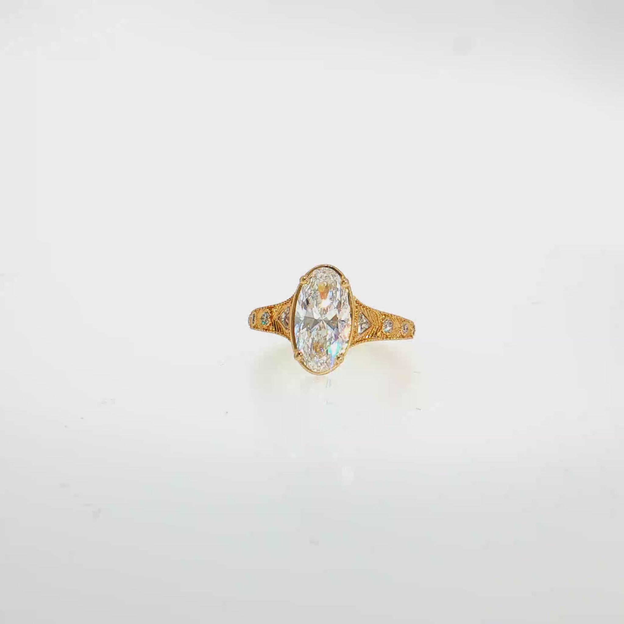 14K Gold | Yellow Gold Moval Engagement Ring Vintage Inspired Filigree, Milgrain & Round Diamond Accents