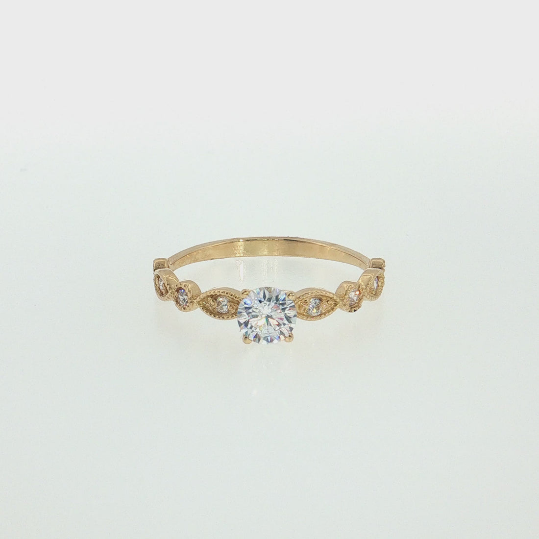 19.2K Portuguese Gold | Round CZ Engagement Ring with Milgrain Leaf-Shaped Accents