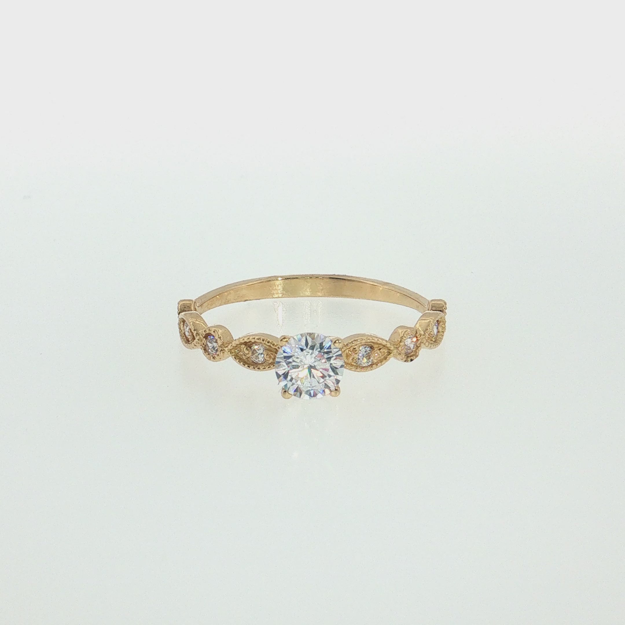 19.2K Portuguese Gold | Round CZ Engagement Ring with Milgrain Leaf-Shaped Accents