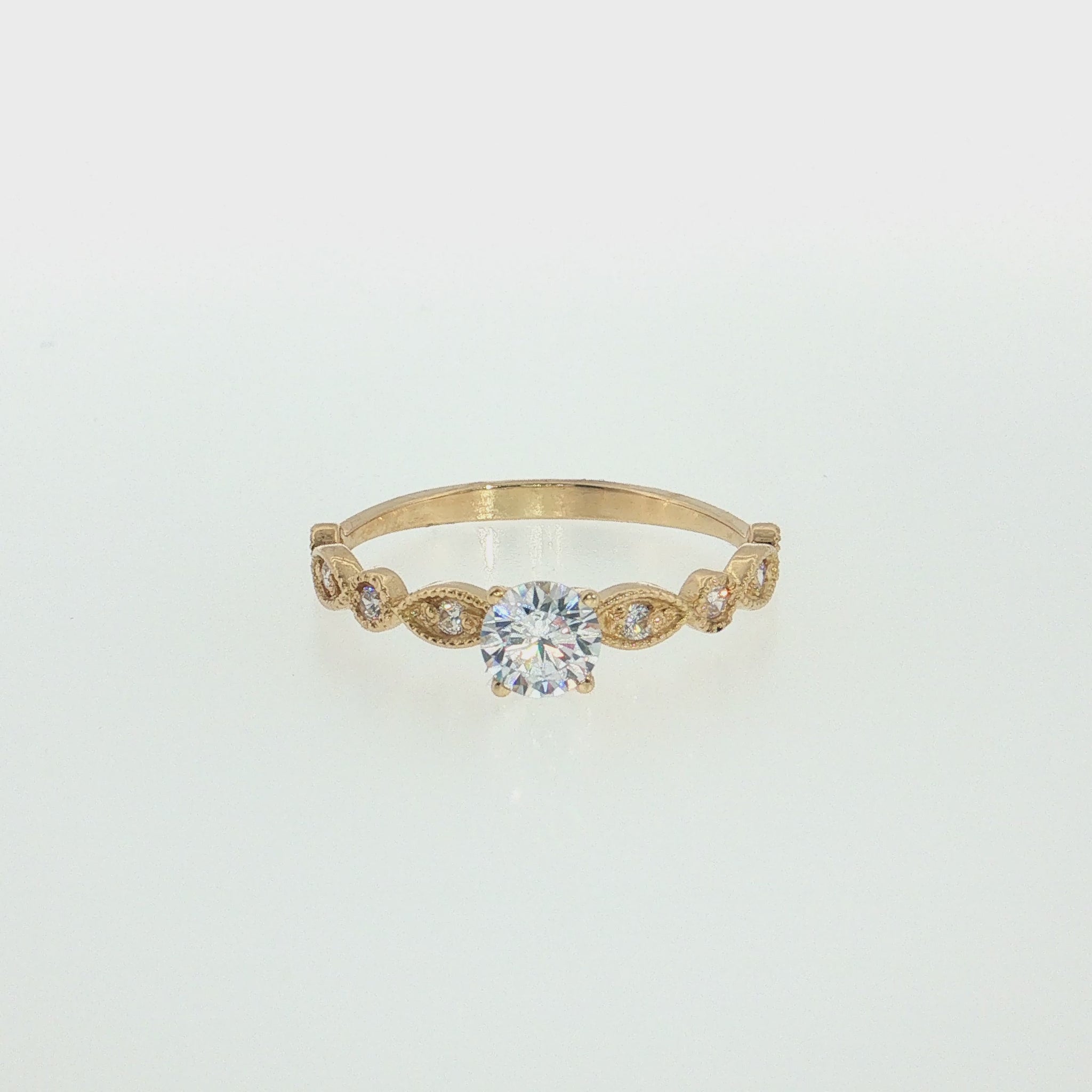 19.2K Portuguese Gold | Round CZ Engagement Ring with Milgrain Leaf-Shaped Accents