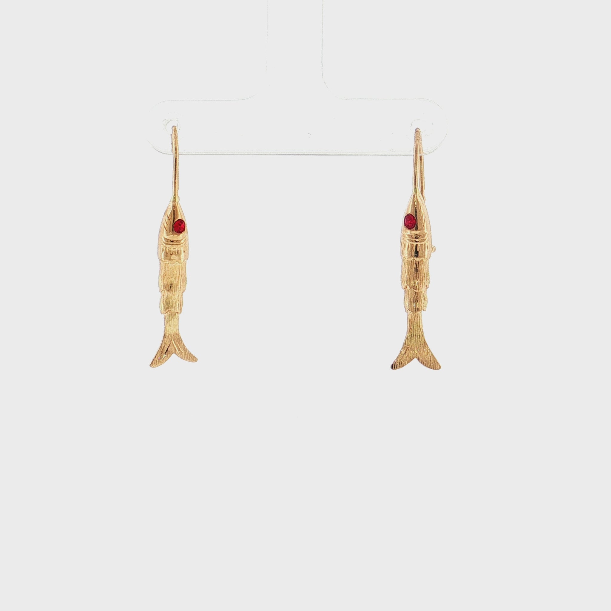 19.2K Portuguese Gold | Flexible Sardine Fish with Red Eyes Dangling Earrings