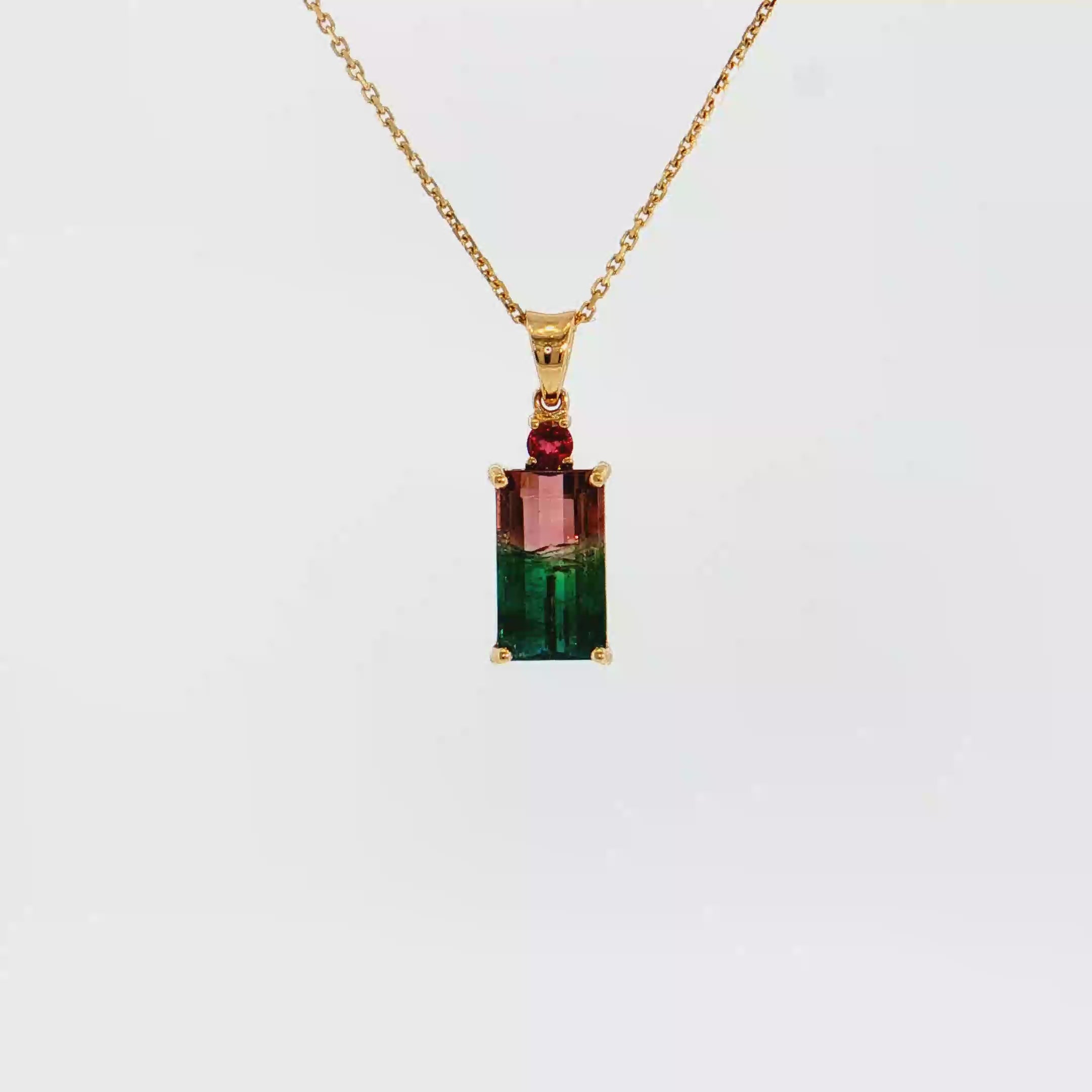 14K Gold | 3.97cttw Natural Bicolor Tourmaline Pendant with Emerald Cut