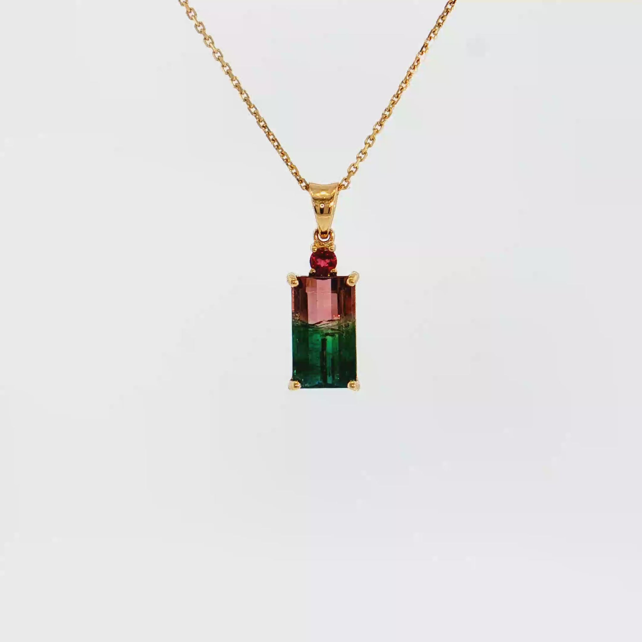 14K Gold | 3.97cttw Natural Bicolor Tourmaline Pendant with Emerald Cut