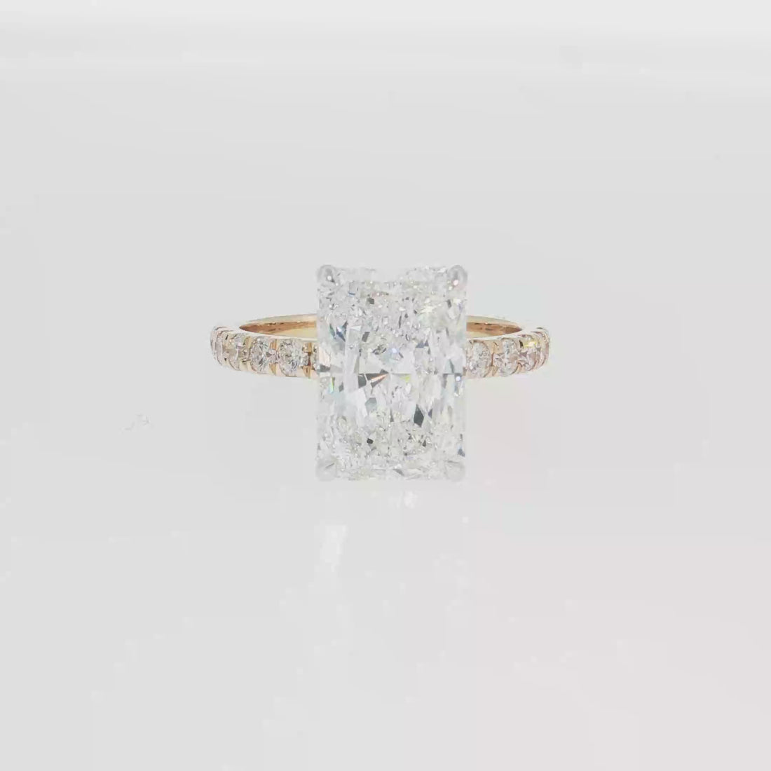 14K Gold | White and Yellow Gold 4.05CT Rectangular Brilliant Cut Lab Diamond with Hidden Halo and Pavé Band Engagement Ring