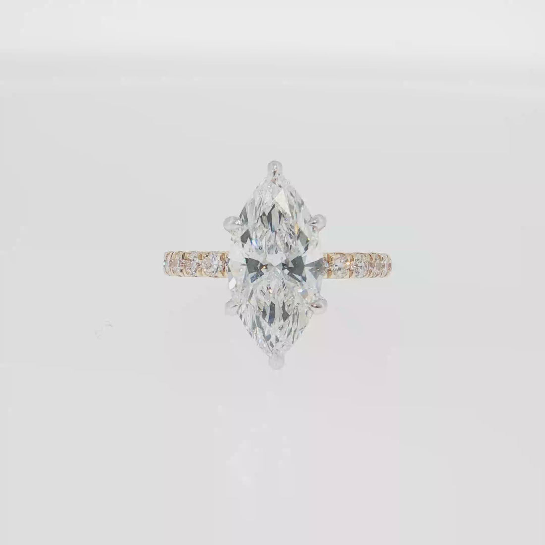 14K Gold | Yellow and White Gold 3.01CT Marquise Lab Diamond Hidden Halo and Pavé Band Engagement Ring