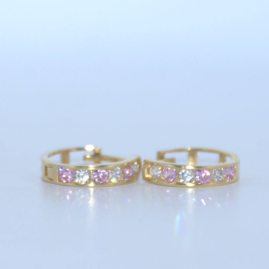 14K Gold | Pink and White Stone Hoop Earrings 14mm