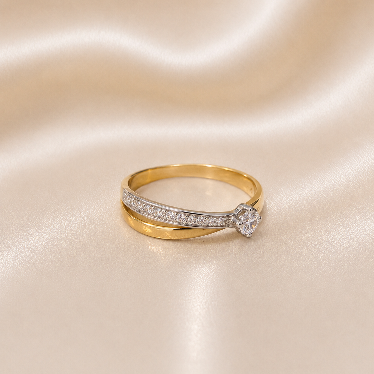 side view 19.2K Portuguese Gold | Two Tone Round CZ Pave Twist Ring