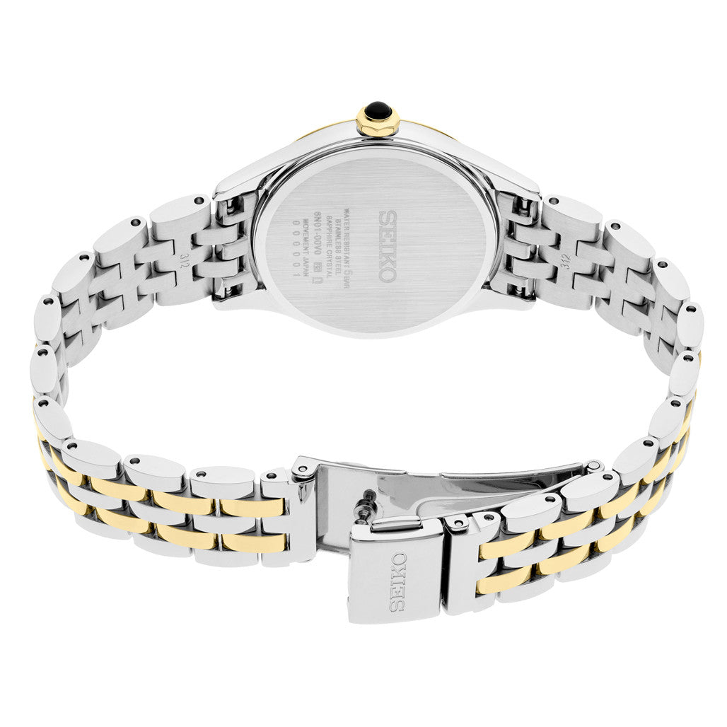 white dial Seiko_SUR612_Ladies_Two_Tone_Essentials_Roman_Numeral_Dial_gold_and_silver